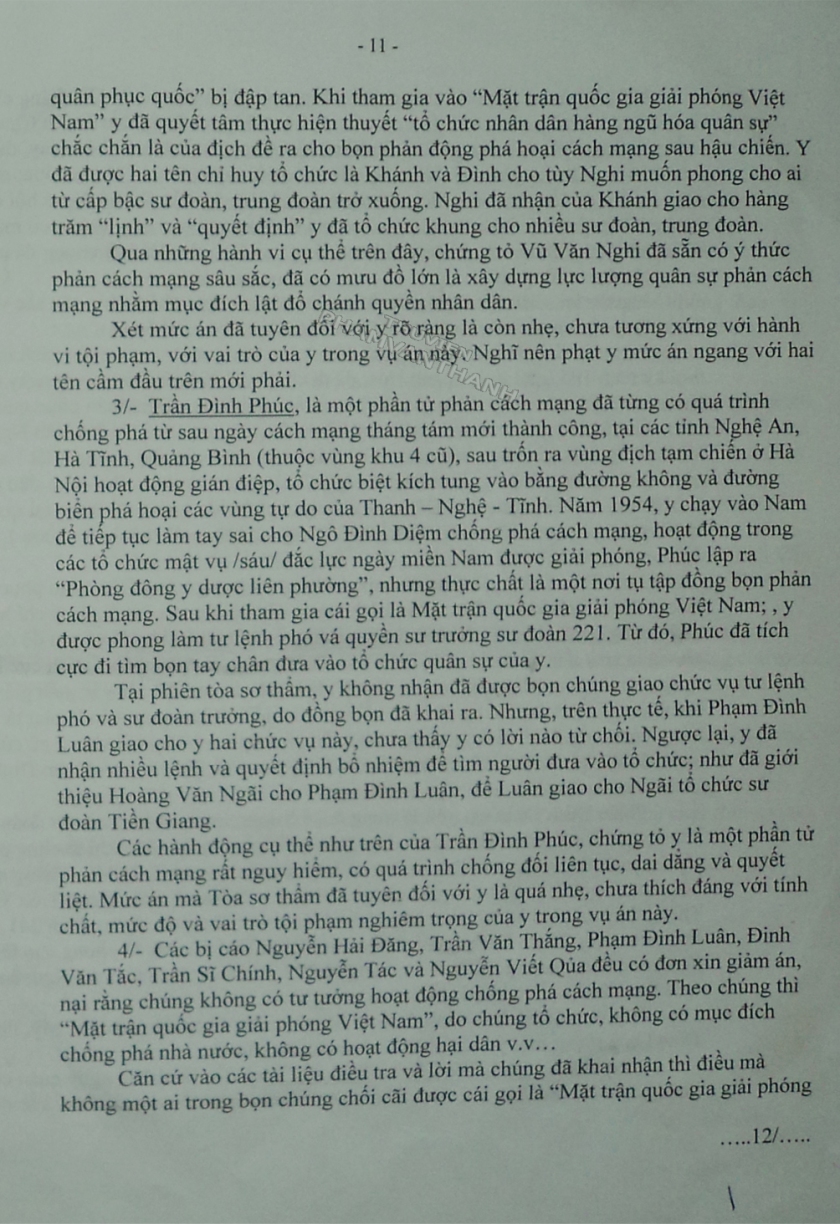 Bản án phúc thẩm hình sự số 462 / HSPT ngày 30/09/1978. Vụ Trần Thanh Đình và đồng bọn can tội "Âm mưu lật đổ chính quyền." -- trang 11.